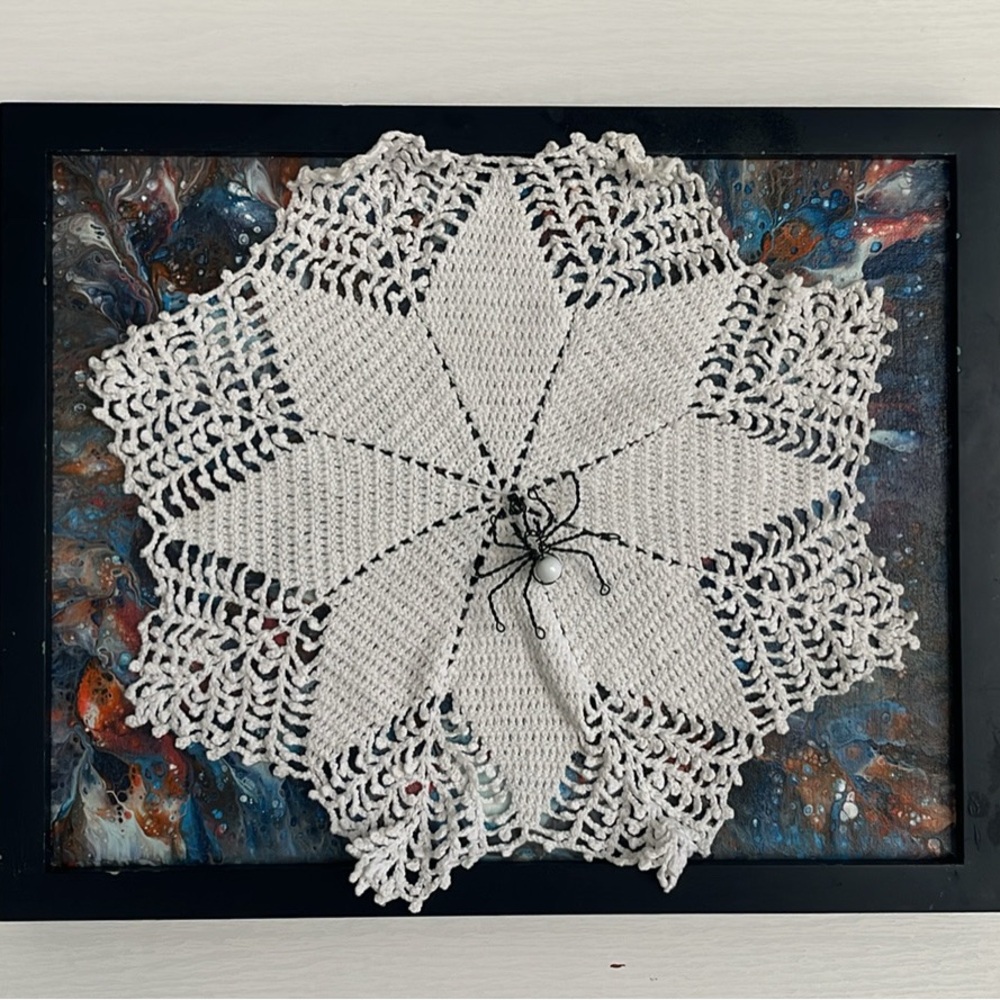 Creepy Chic Spider Web Art-Vtg Crochet Doily with Beaded Spider on Framed Canvas